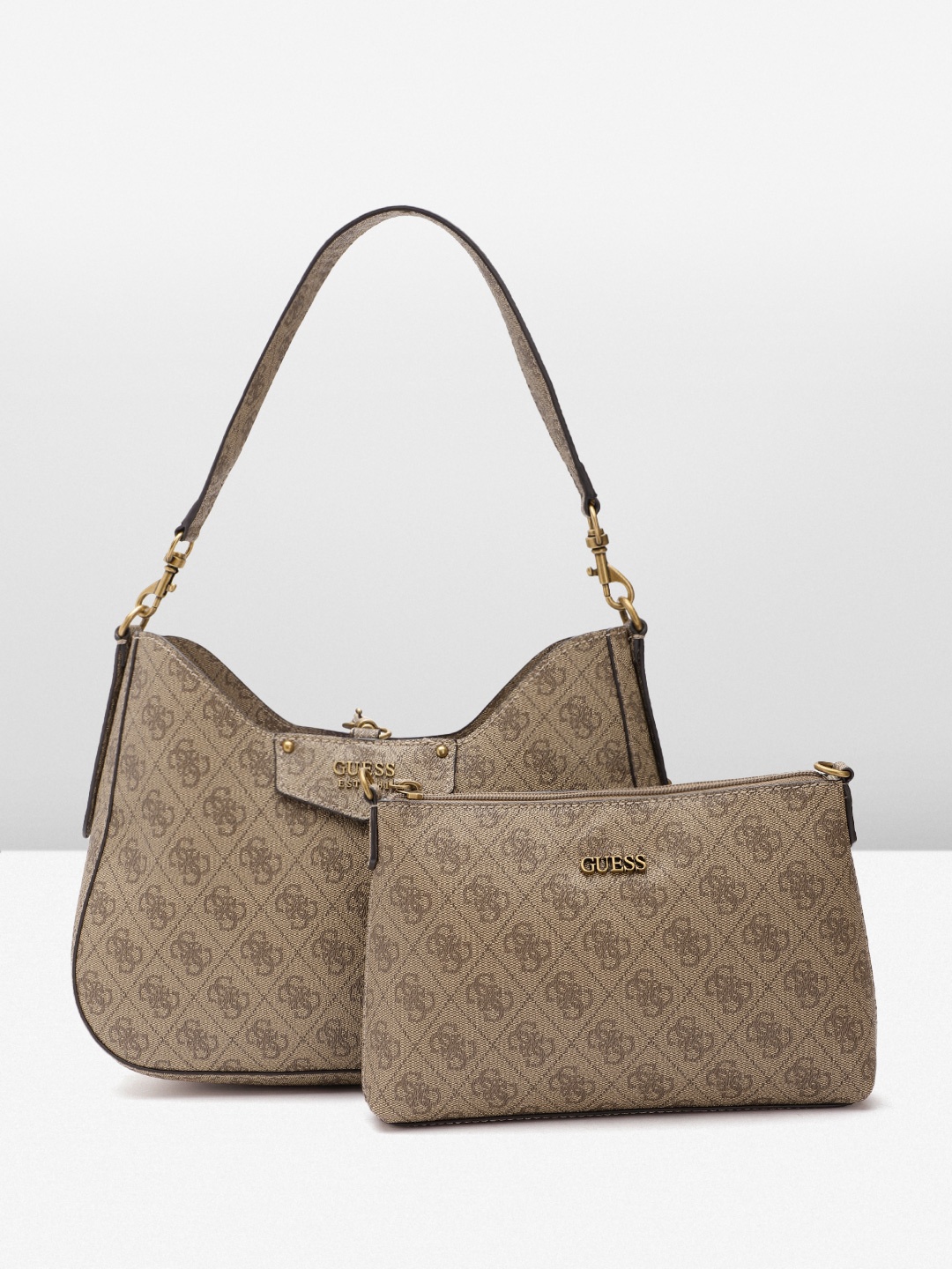 

GUESS Women Brand Logo Print Structured Shoulder Bag, Brown