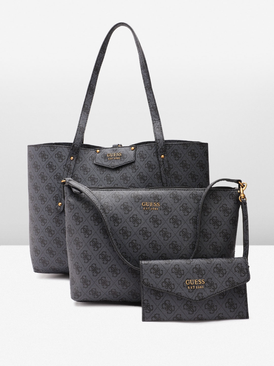 

GUESS Women Pack Of 2 Brand Logo Print Structured Shoulder Bags With Wallet, Grey