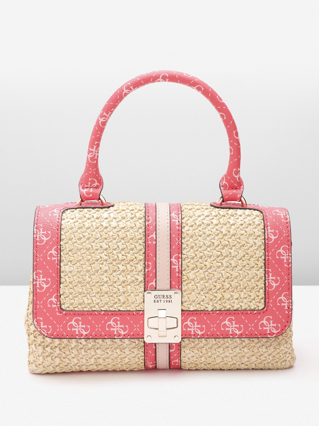 

GUESS Brand Logo Printed Woven Handbag, Pink