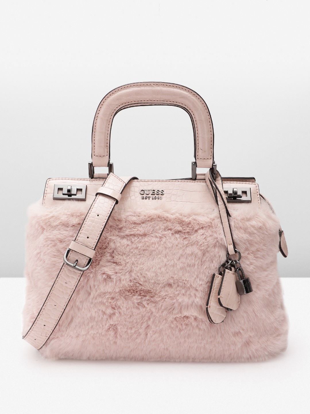 

GUESS Croc Textured Handheld bag with Faux Fur Detail, Pink