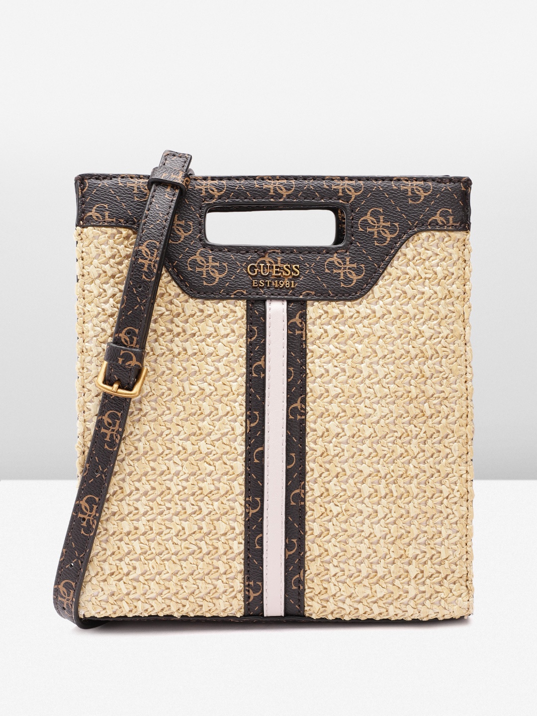 

GUESS Women Brand Logo Printed Woven Design Sling Bag, Brown