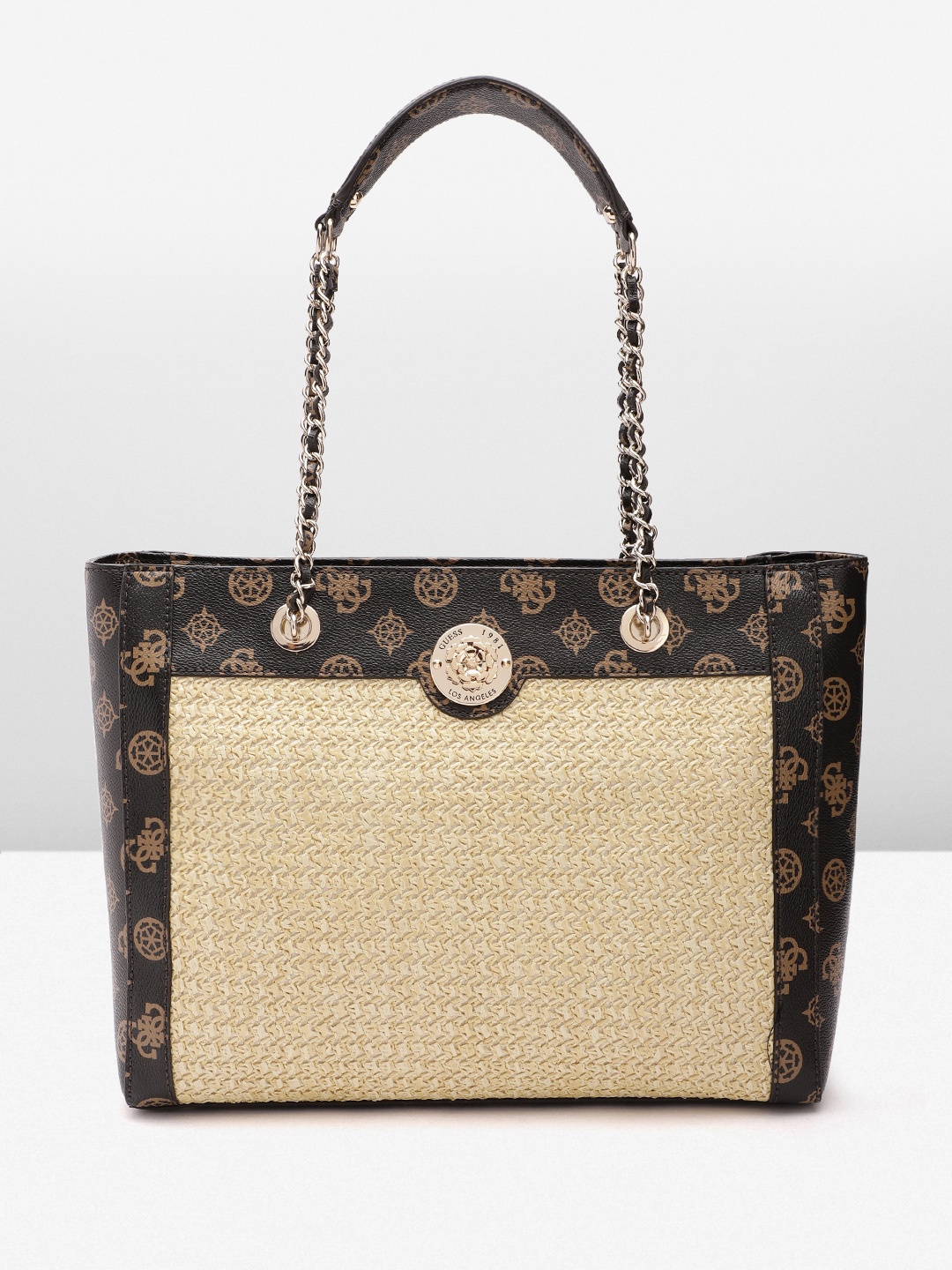 

GUESS Women Brand Logo Printed Woven Design Shoulder Bag, Beige