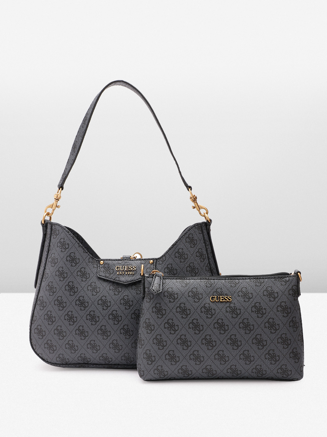 

GUESS Women Brand Logo Printed Shoulder Bag with Pouch, Grey