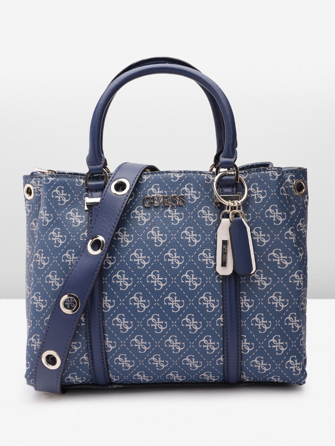 GUESS Women Brand Logo Print Structured Handheld Bag, Blue