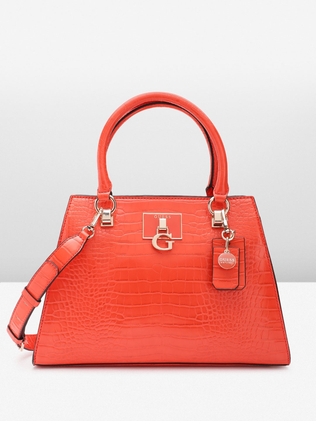 

GUESS Women Croc Textured Structured Handheld Bag, Orange