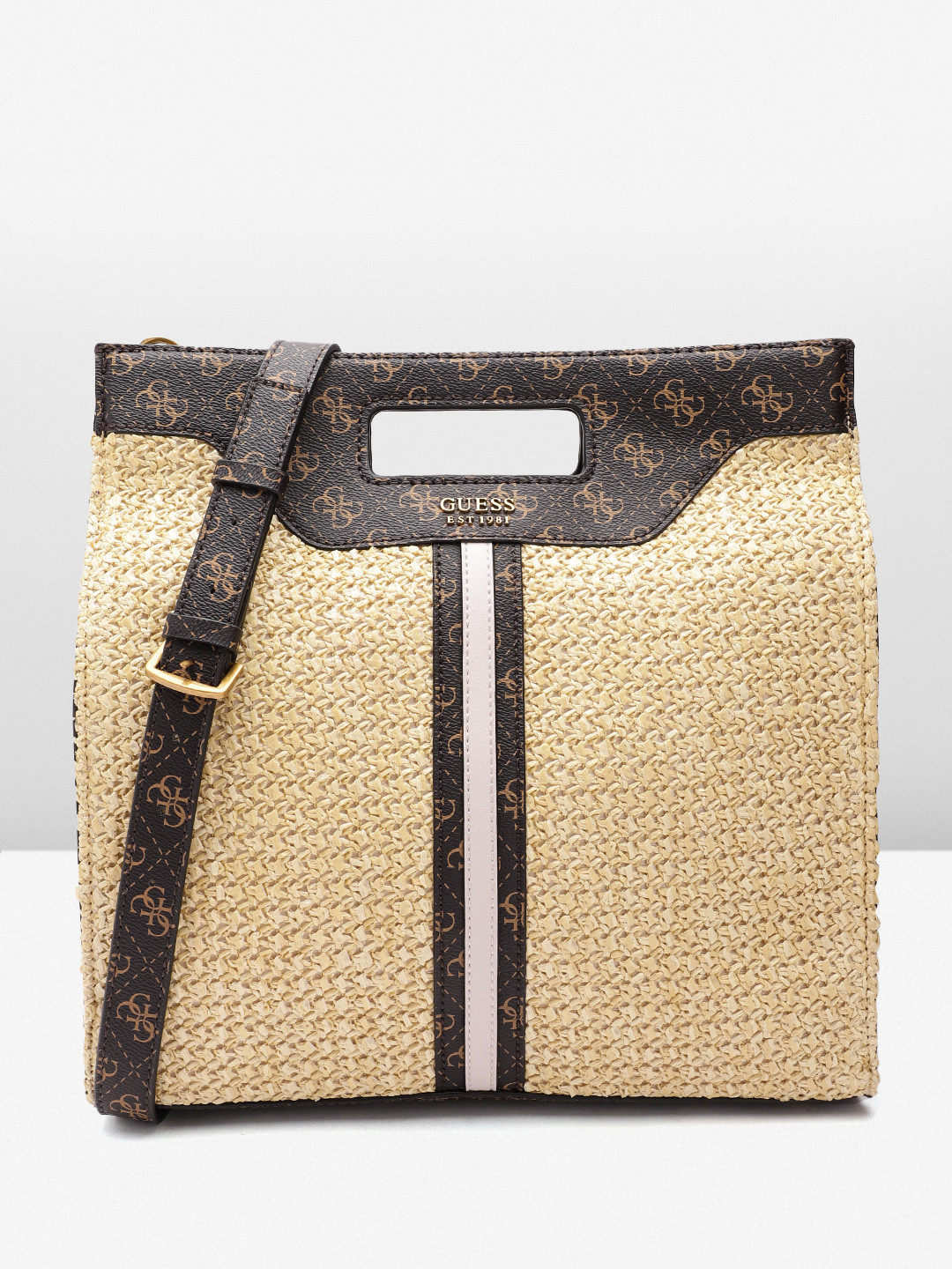 

GUESS Women Geometric Self Design Structured Handheld Bag, Beige