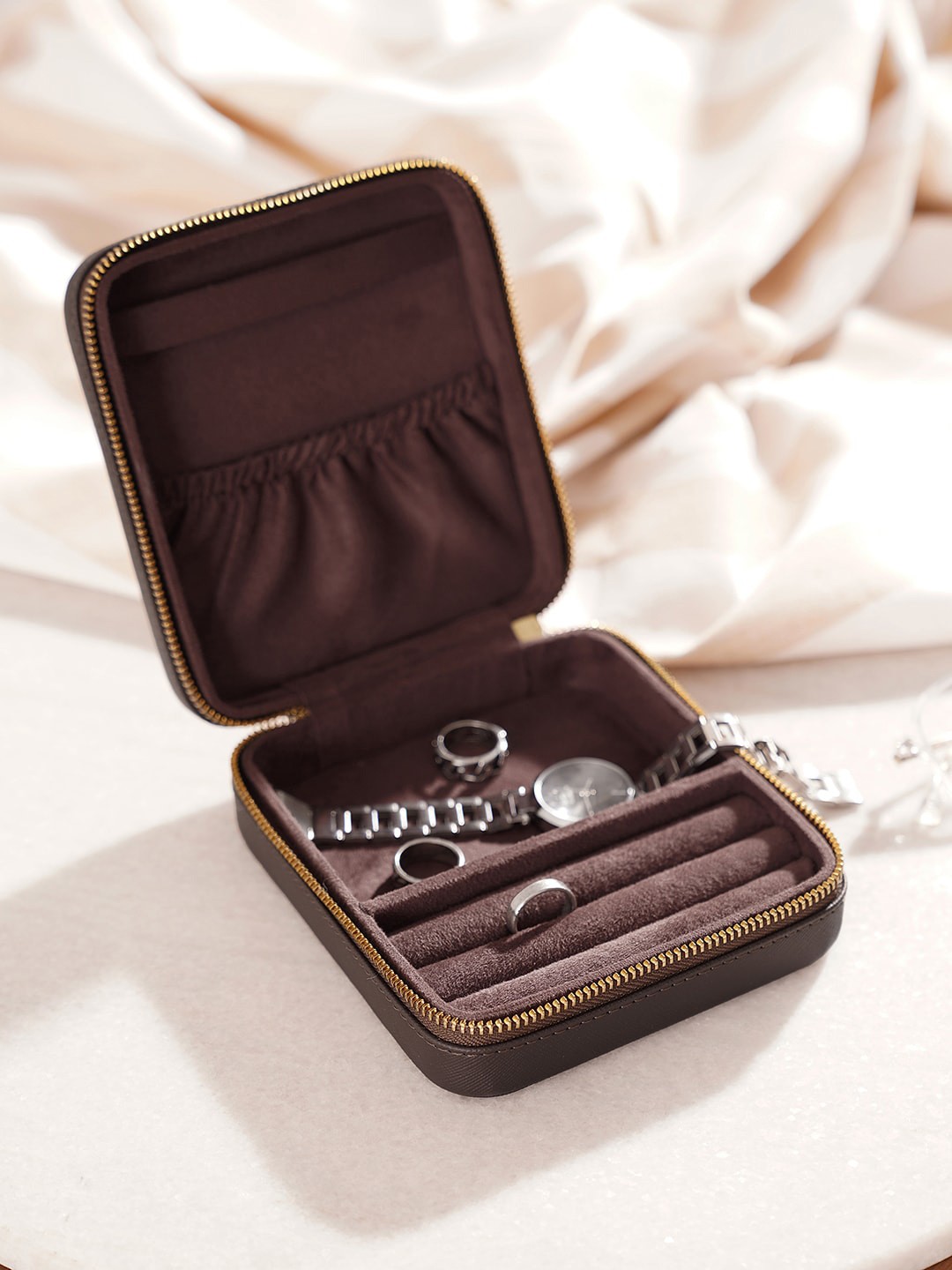 

Pure Home and Living Brown Square Faux Leather Travel Jewellery Organiser Box