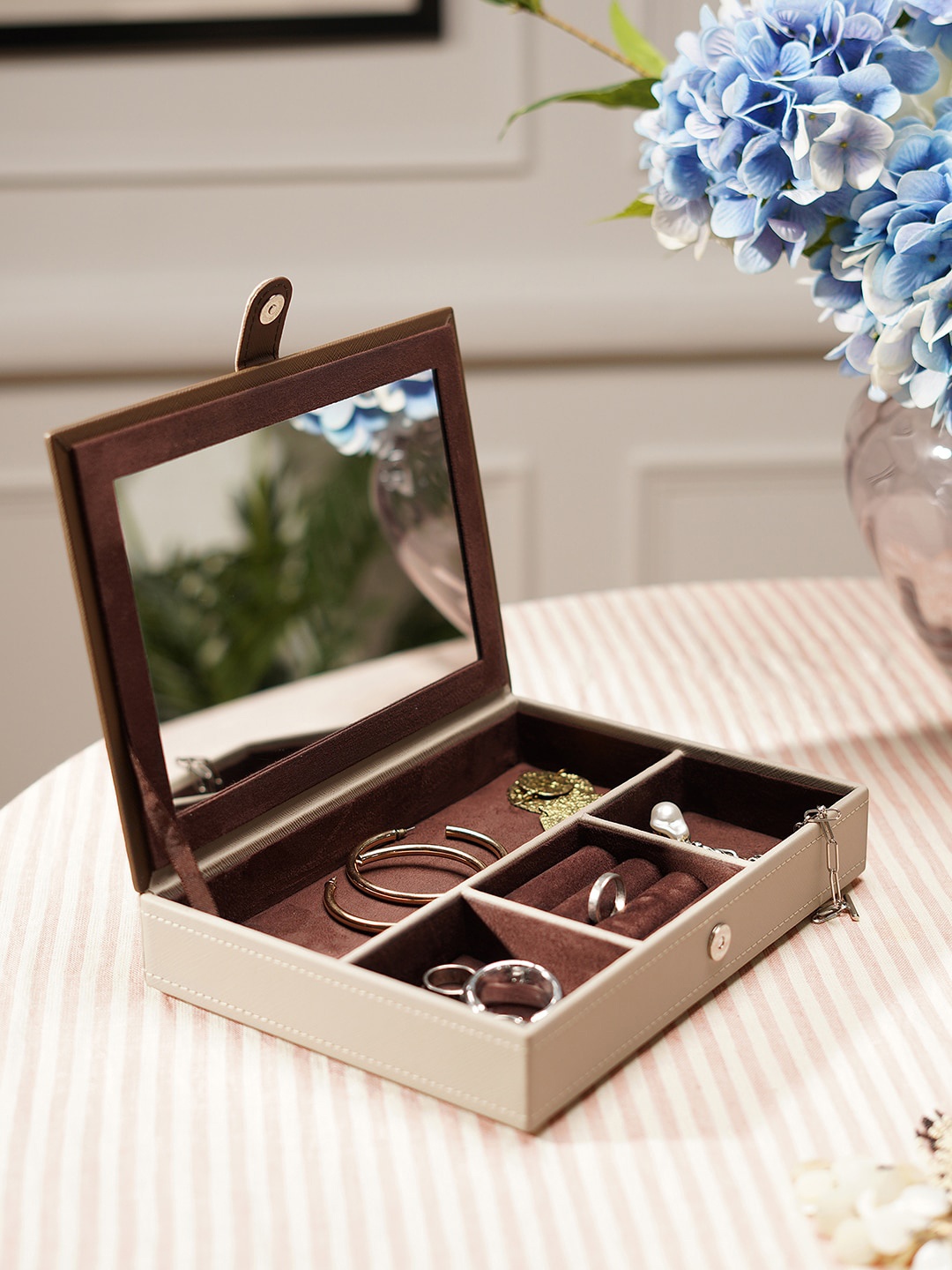 

Pure Home and Living Beige Faux Leather Jewellery Organiser Box With Mirror