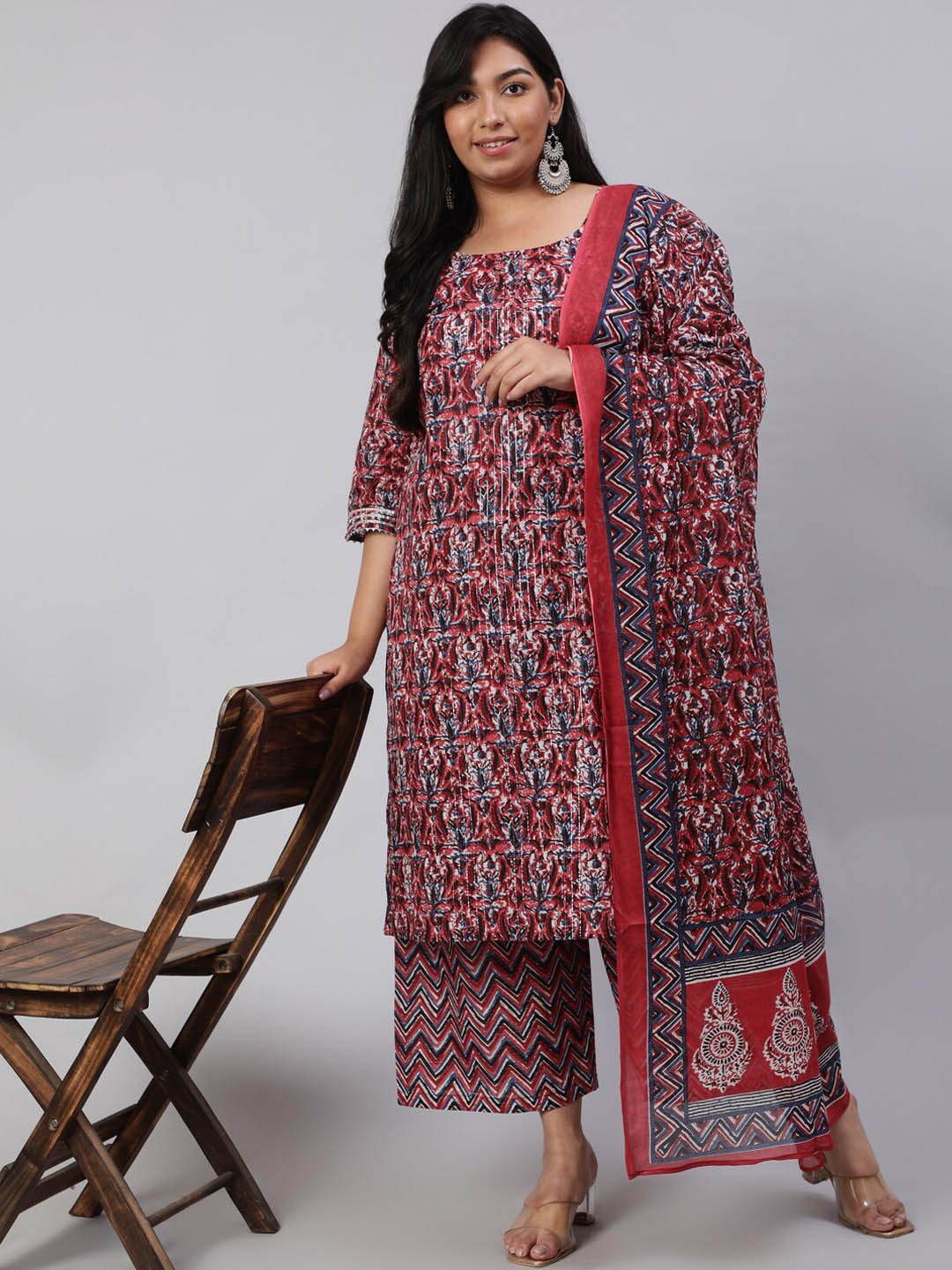

Nayo Plus Size Maroon Printed Straight Kurta With Palazzo and Dupatta