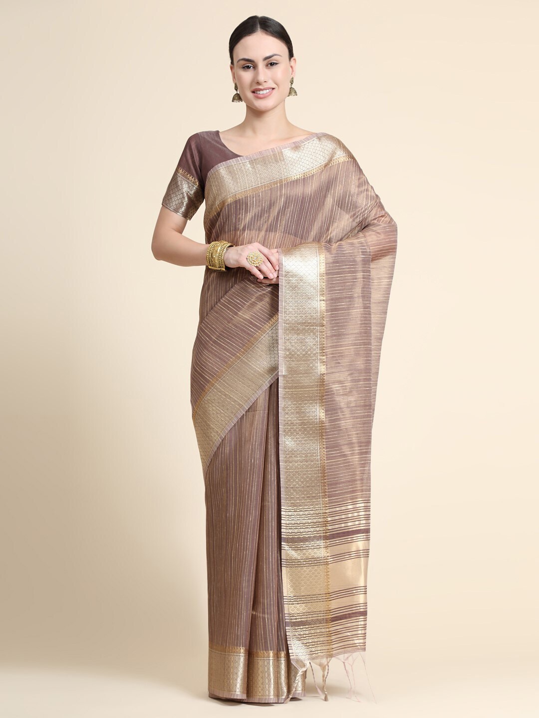 

VISHNU WEAVES Striped Tissue Maheshwari Zari Saree, Coffee brown