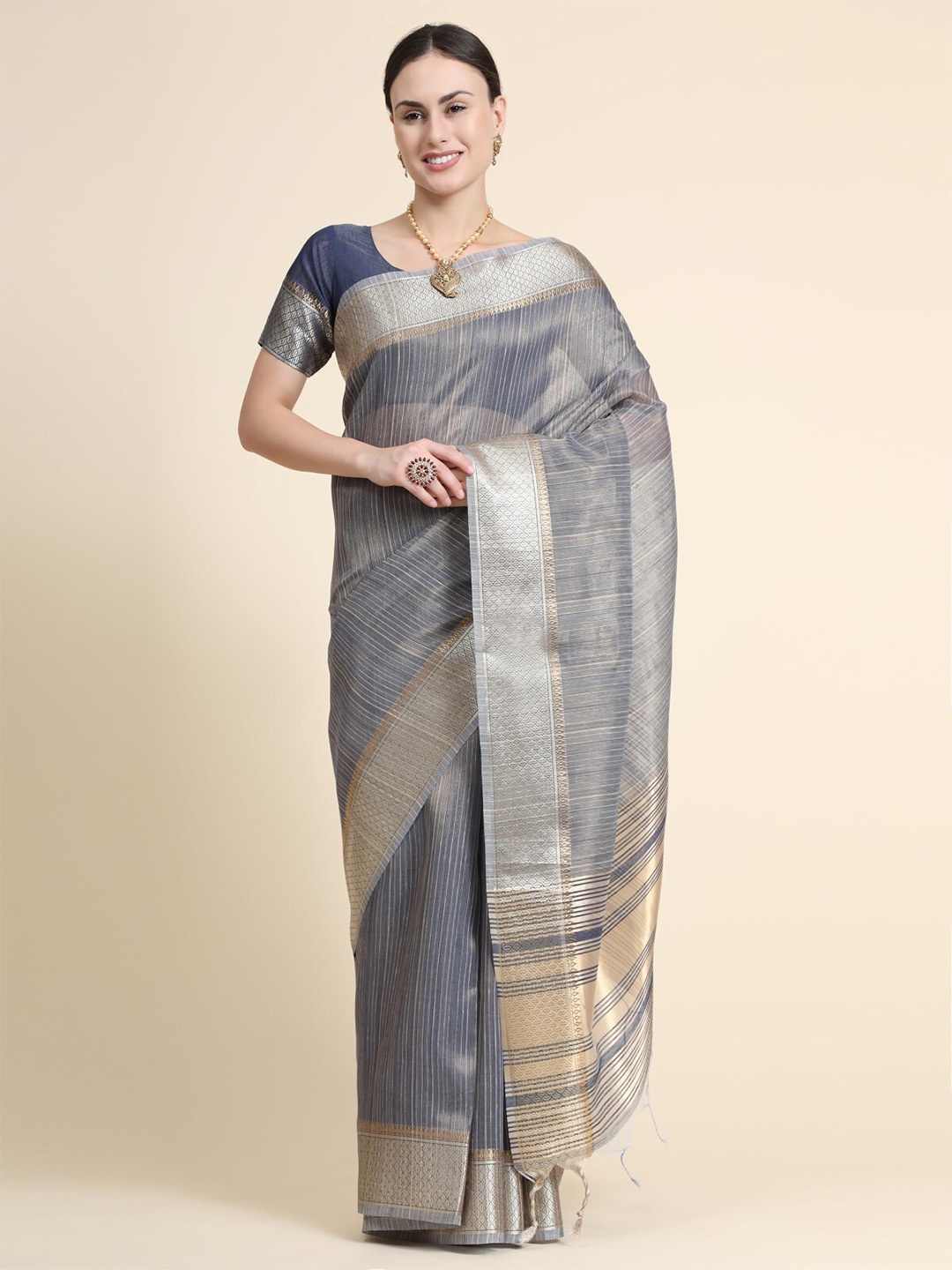 

VISHNU WEAVES Striped Tissue Maheshwari Zari Saree, Blue