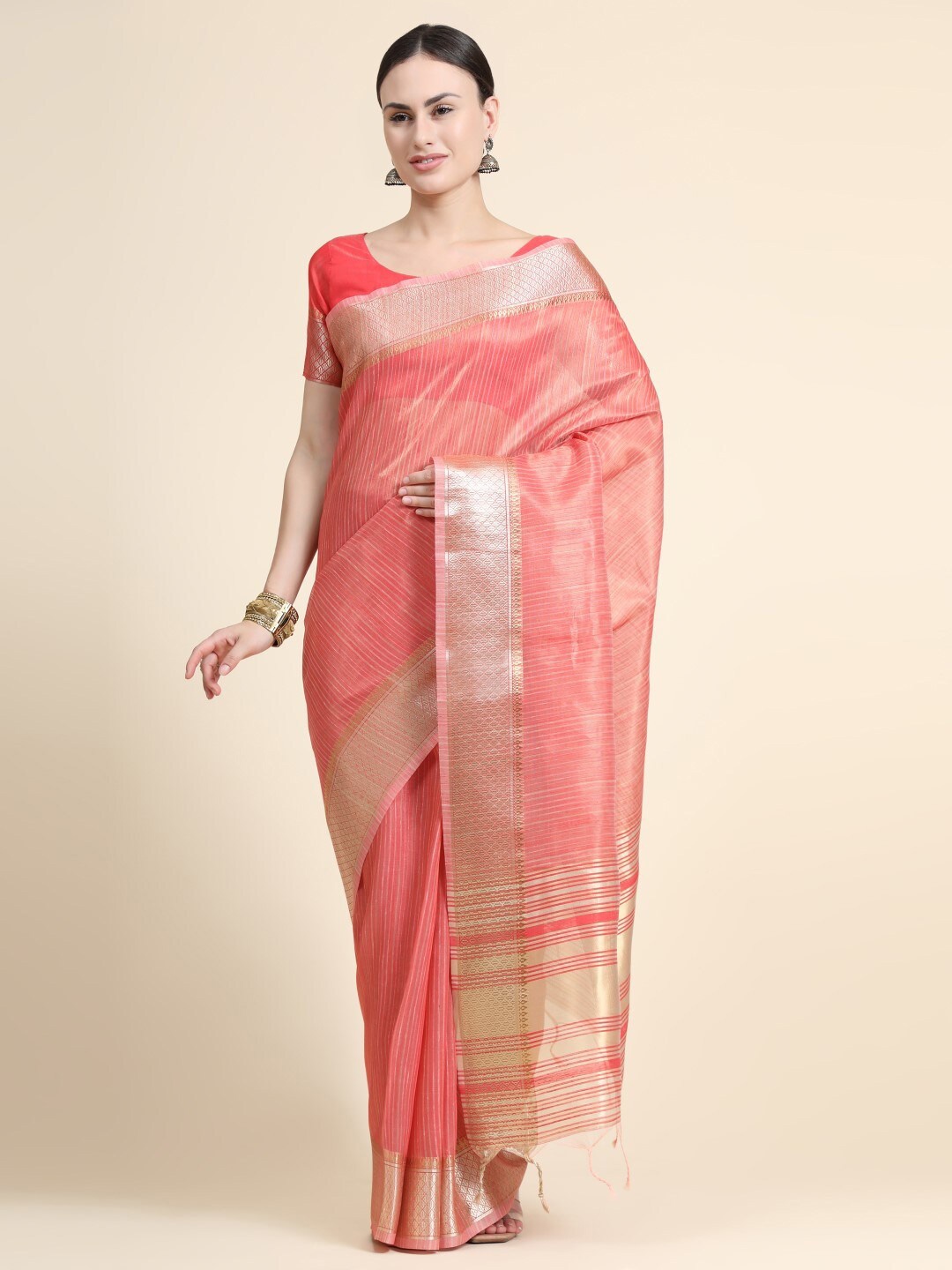 

VISHNU WEAVES Striped Tissue Maheshwari Zari Saree, Red