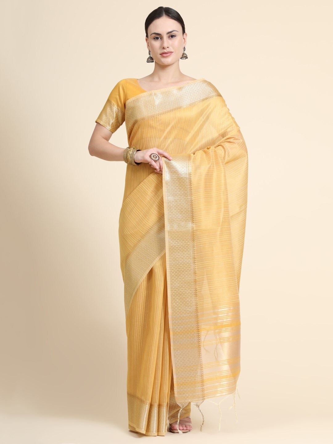 

VISHNU WEAVES Striped Tissue Maheshwari Zari Saree, Yellow