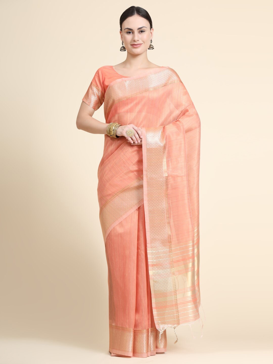 

VISHNU WEAVES Striped Tissue Maheshwari Zari Saree, Orange