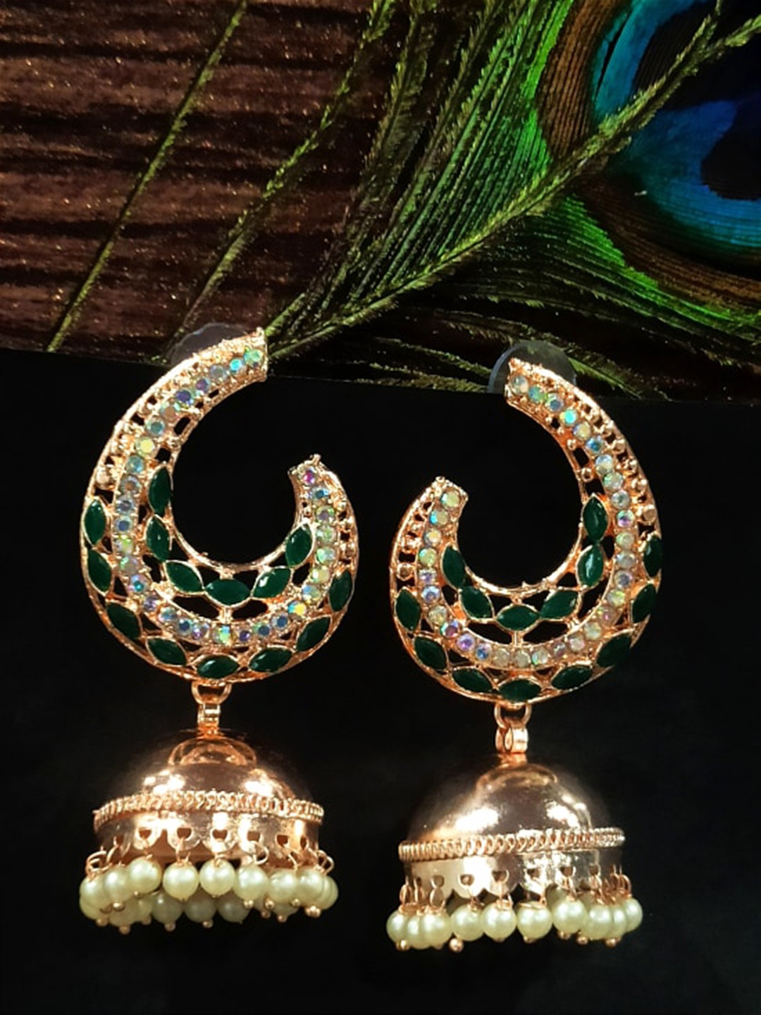

FEMMIBELLA Gold-Plated Stone Studded & Beaded Dome Shaped Jhumkas Earrings, Green