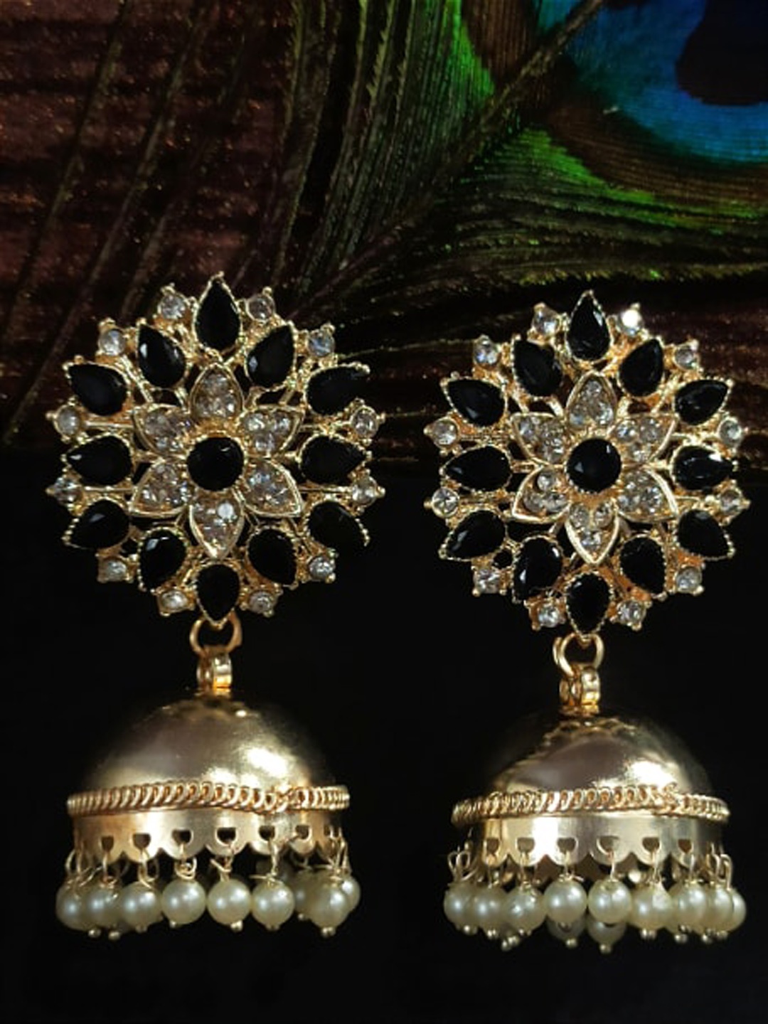 

FEMMIBELLA Gold-Plated Floral Stone Studded & Beaded Jhumkas Earrings, Black