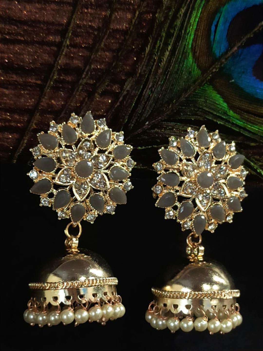 

FEMMIBELLA Gold-Plated Floral Stone Studded & Beaded Jhumkas Earrings, Grey