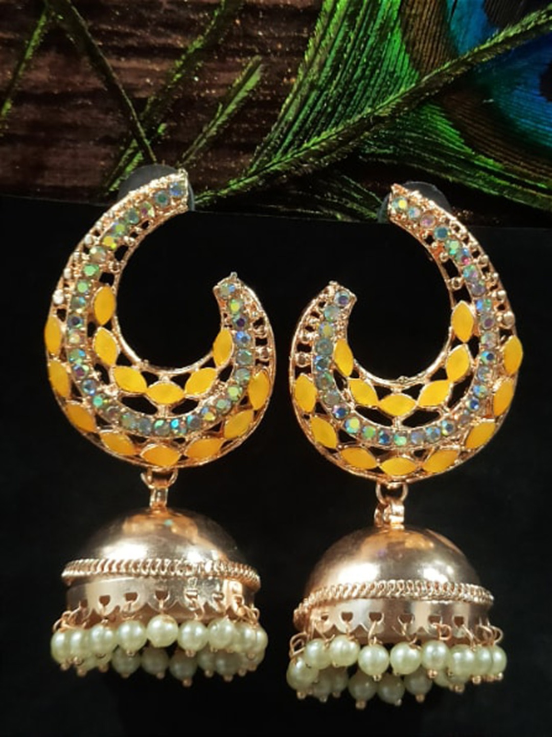 

FEMMIBELLA Gold-Plated Dome Shaped Stone Studded & Beaded Jhumkas Earrings, Yellow