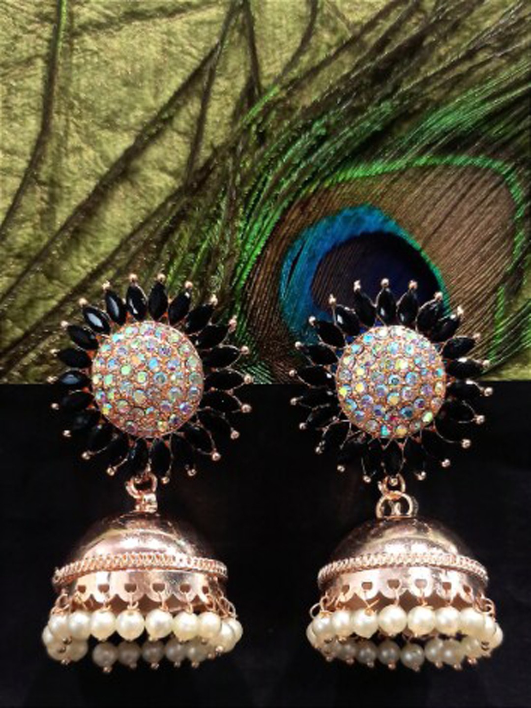 

FEMMIBELLA Gold-Plated Floral Jhumkas Earrings, Black