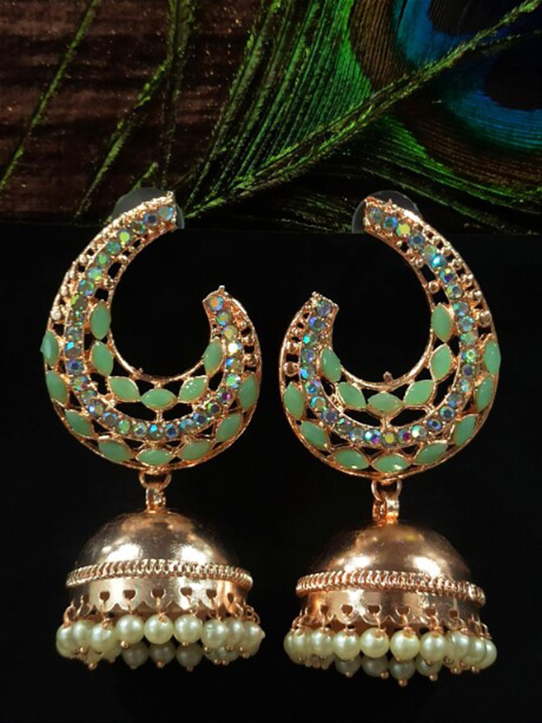 

FEMMIBELLA Gold-Plated Stone Studded & Beaded Dome Shaped Jhumkas Earrings, Green