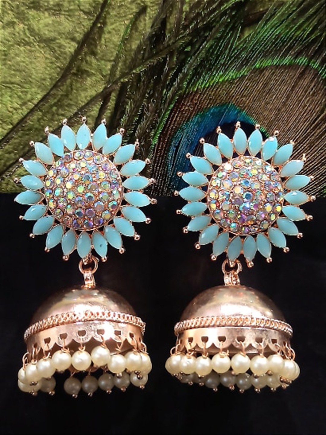 

FEMMIBELLA Gold-Plated Stone Studded & Beaded Floral Jhumkas Earrings, Blue