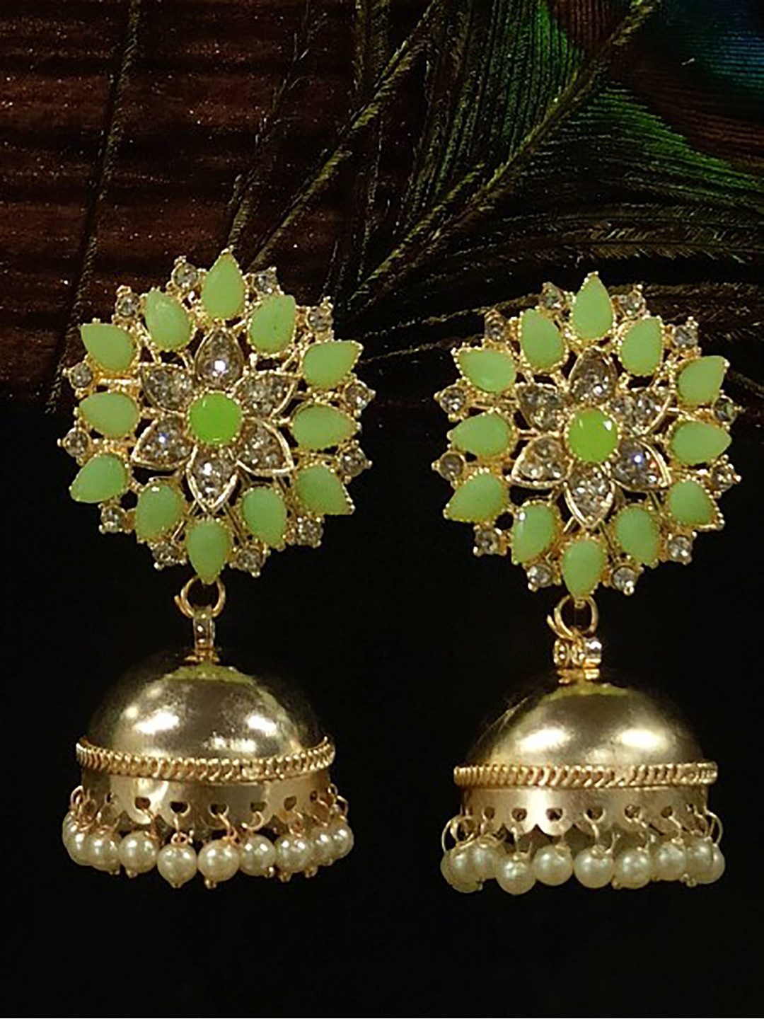 

FEMMIBELLA Gold-Plated Stone Studded & Beaded Floral Jhumkas Earrings, Green