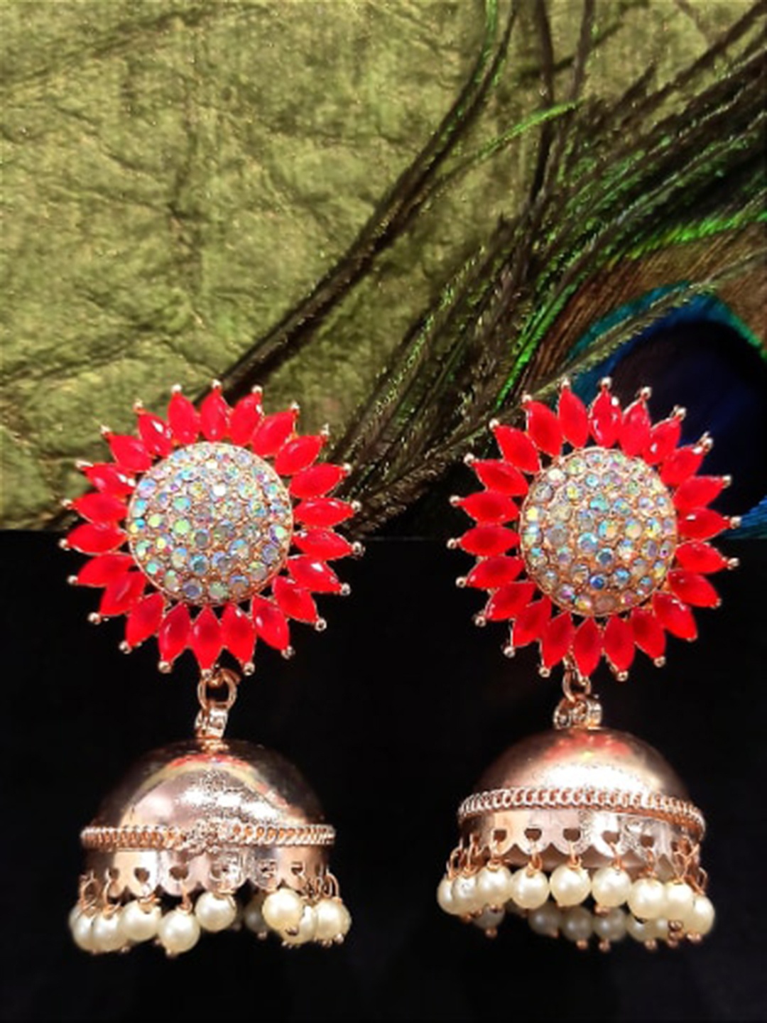 

FEMMIBELLA Gold-Plated Floral Jhumkas Earrings, Red