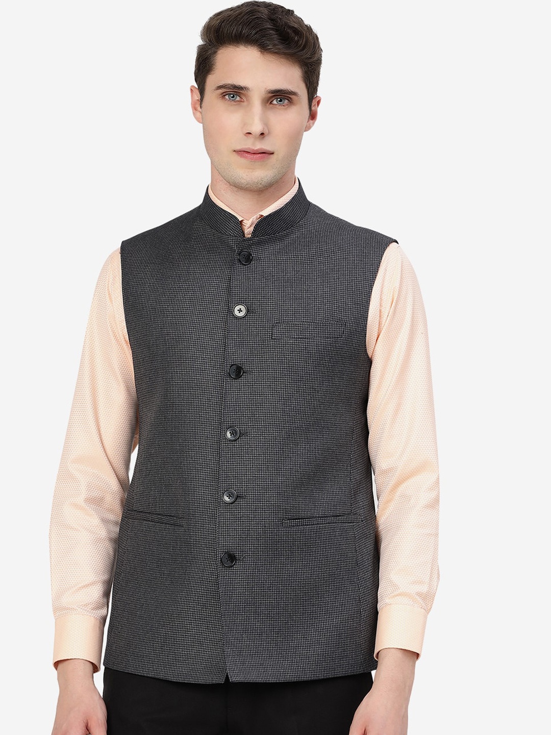 

MODI JACKET Checked Pure Wool Nehru Jacket, Black