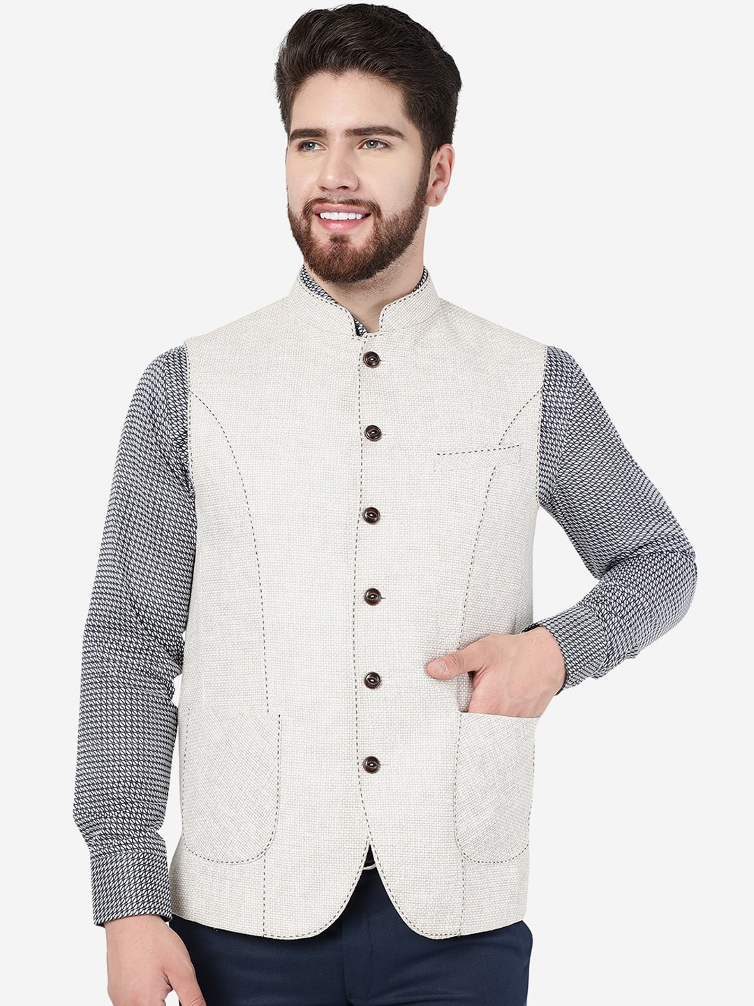 

MODI JACKET Self Design Pure Wool Nehru Jacket, Off white