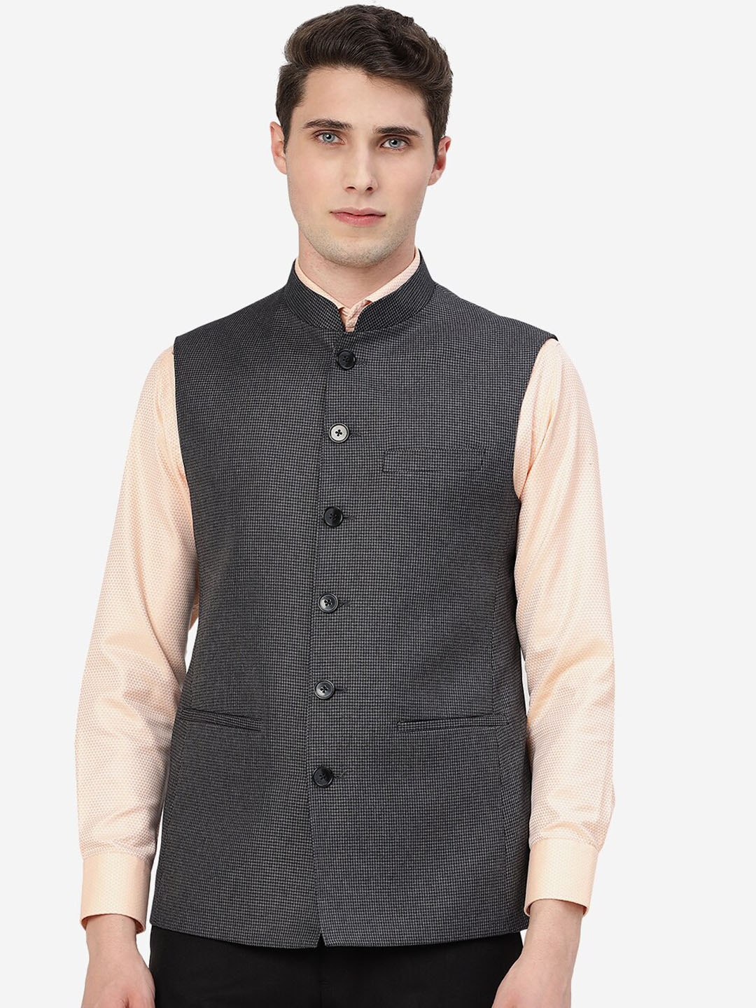 

MODI JACKET Men Textured Terry Wool Nehru Jacket, Black