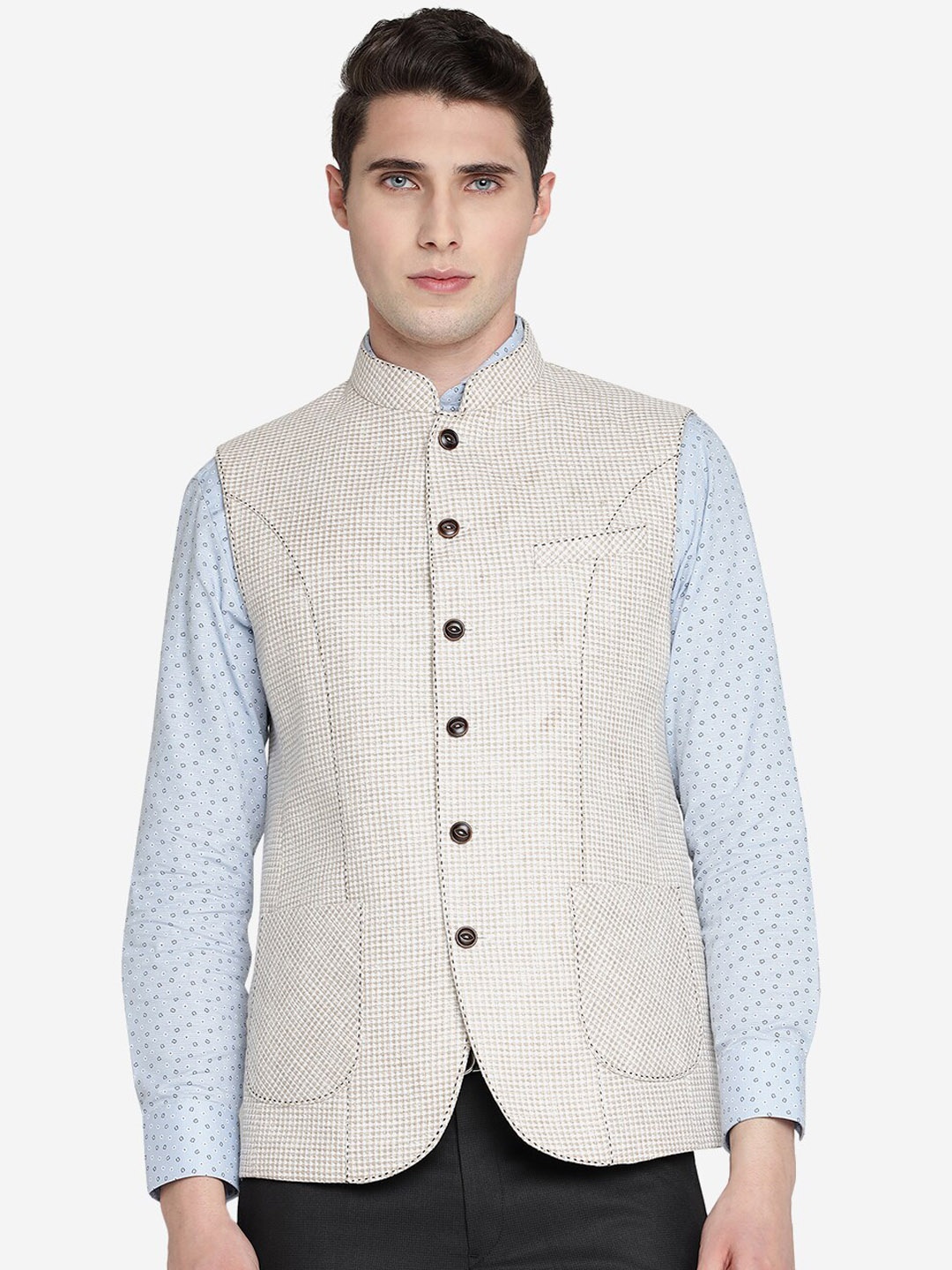 

MODI JACKET Men Textured Terry Wool Nehru Jacket, Off white