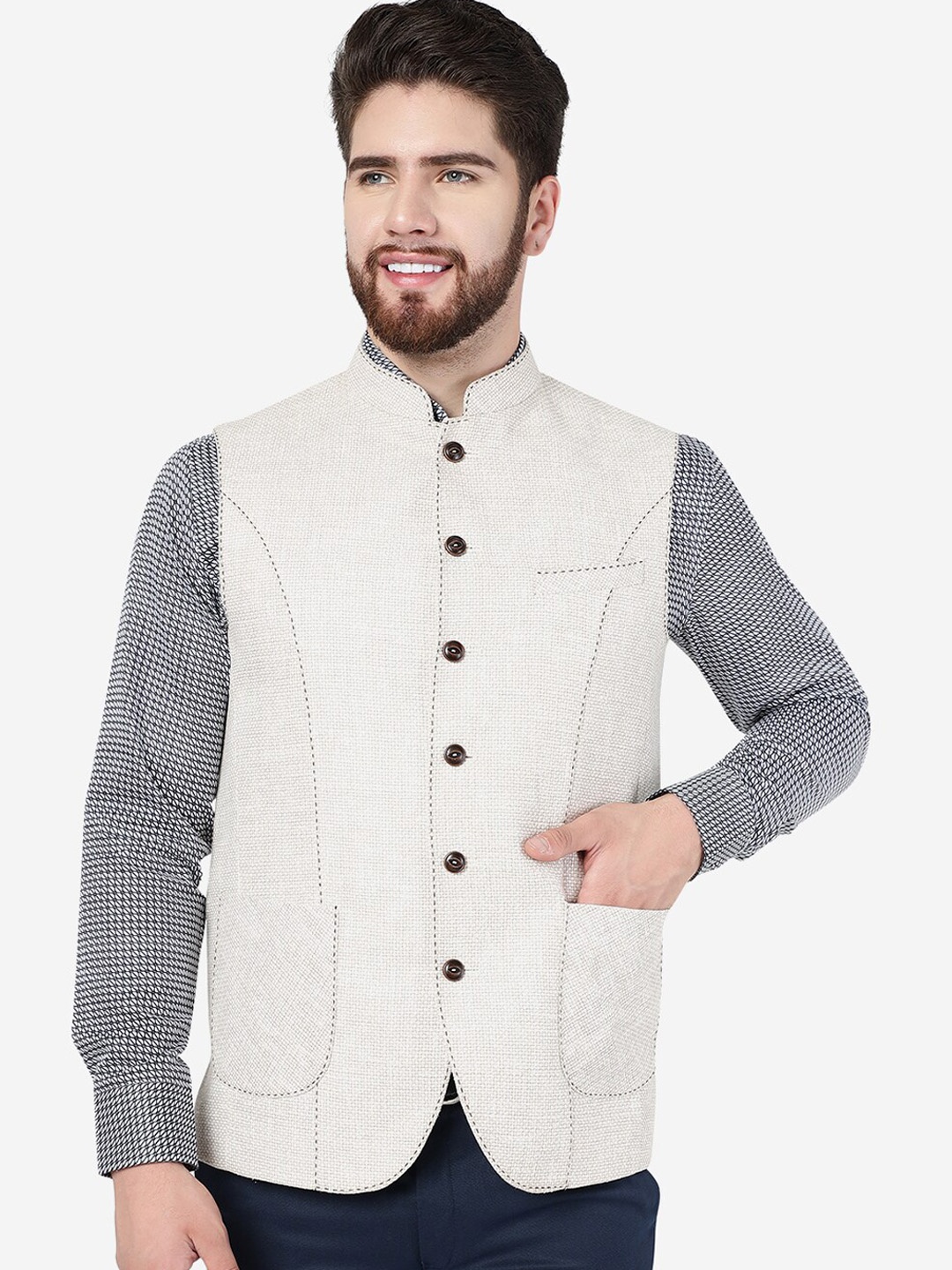

MODI JACKET Men Terry Wool Nehru Jacket, Off white