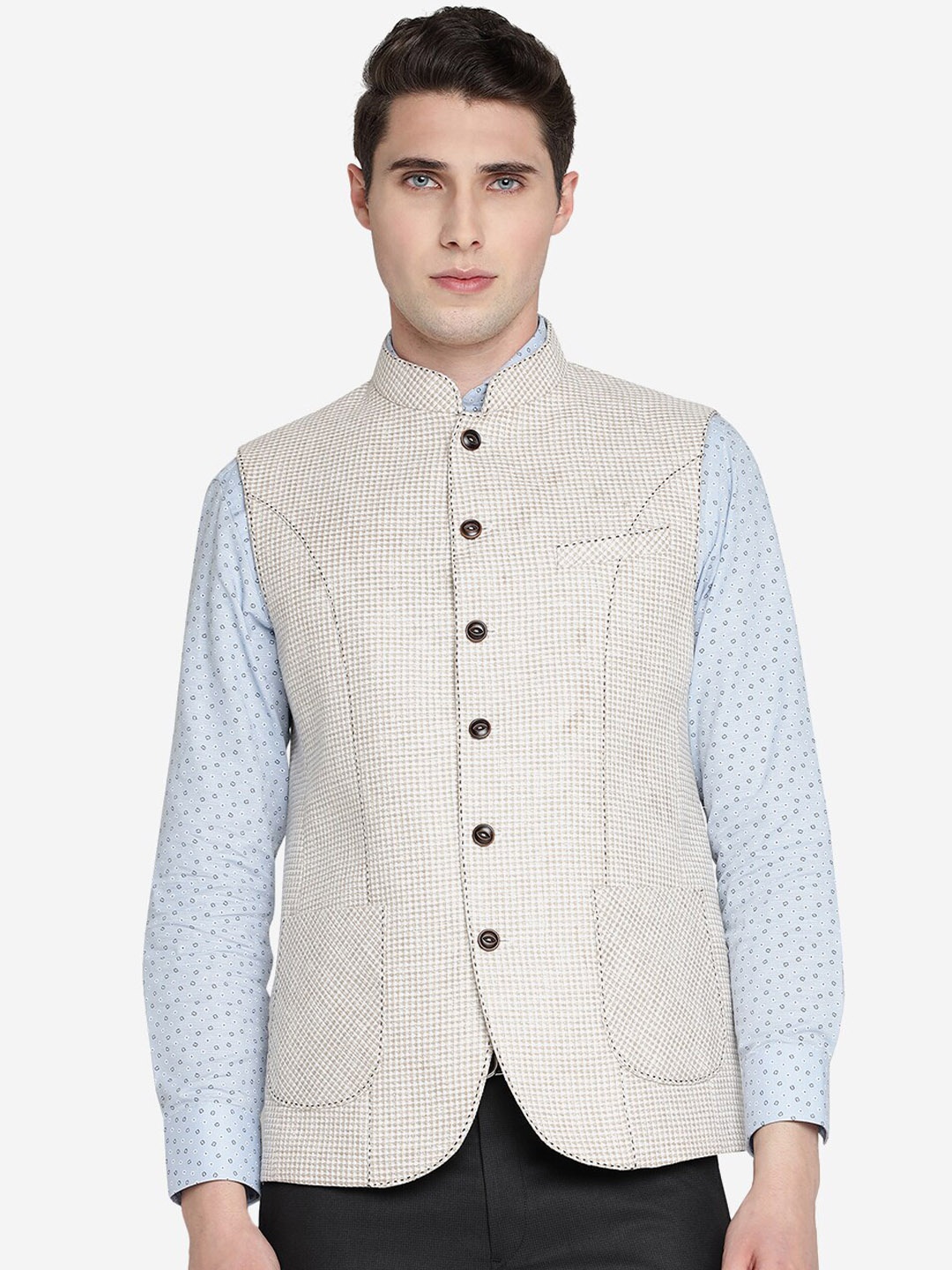 

MODI JACKET Men Textured Terry Wool Nehru Jacket, Off white