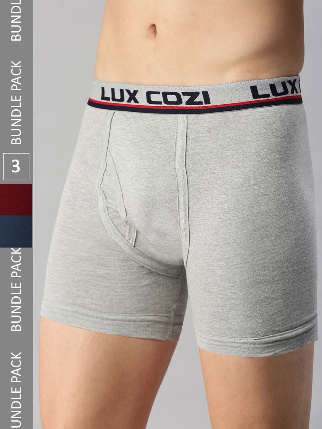

Lux Cozi Men Pack Of 3 Mid Rise Outer Elastic Cotton Trunk, Grey melange