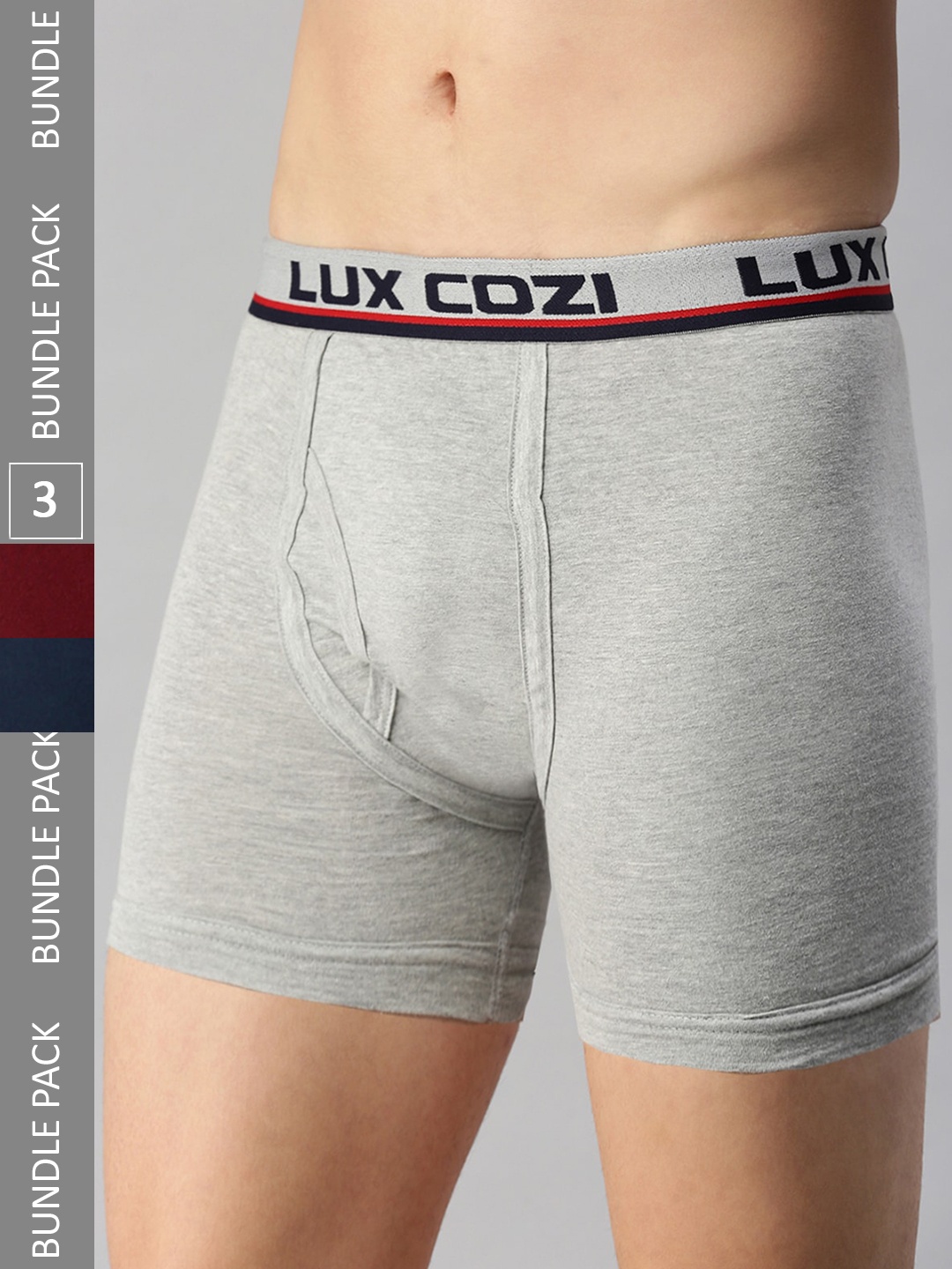 

Lux Cozi Men Pack Of 3 Skin-Friendly Label Free Comfort Long Cotton Trunk, Grey melange