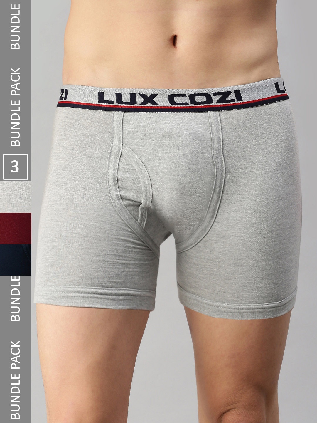 

Lux Cozi Men Pack Of 3 Assorted Skin-friendly Label Free Comfort Long Cotton Trunk, Grey melange