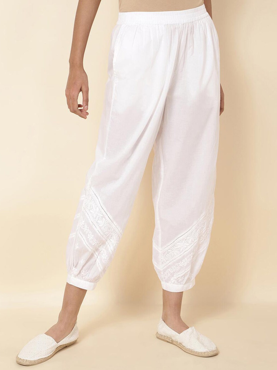 

Fabindia Women Embroidered High Rise Pure Cotton Harem Pants, White