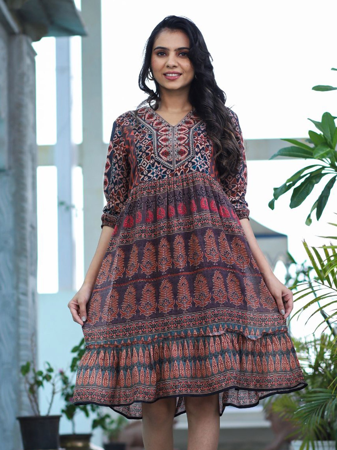 

Zolo Label Ethnic Motifs Printed Fit & Flare Dress, Brown