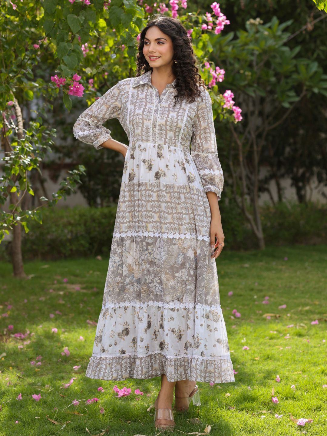 

Zolo Label Floral Printed Shirt Midi Dress, Grey
