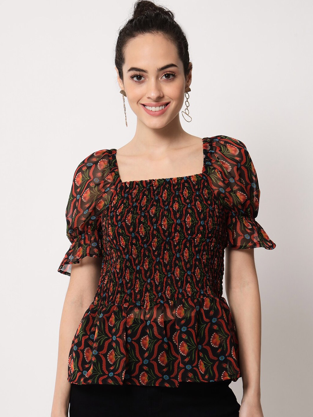 

Trend Arrest Floral Printed Puff Sleeve Smocked Georgette Top, Red