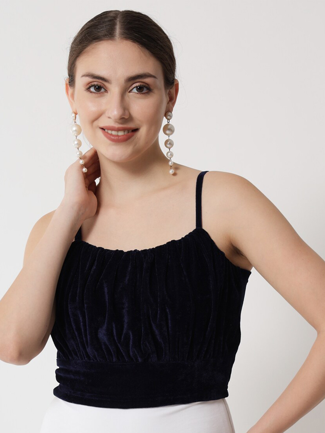 

Trend Arrest Shoulder Straps Styled Back Velvet Top, Navy blue