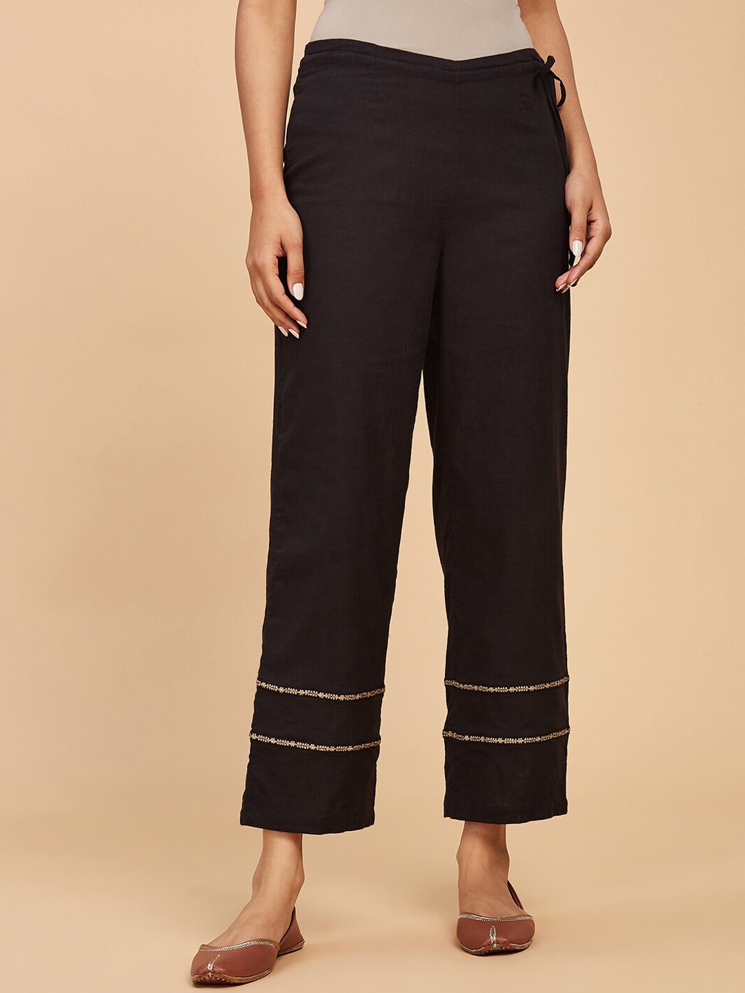 

Fabindia Women Black Relaxed Mid-Rise Cotton Parallel Trousers