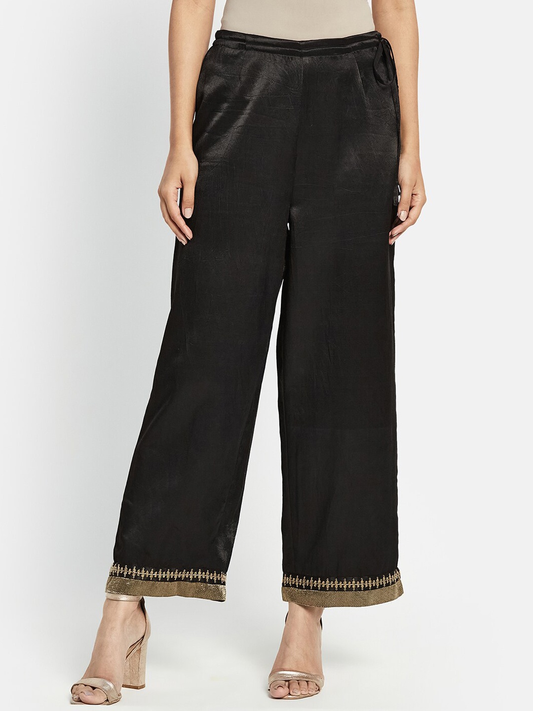 

Fabindia Women Black Relaxed Mid-Rise Lace-UP Parallel Trousers