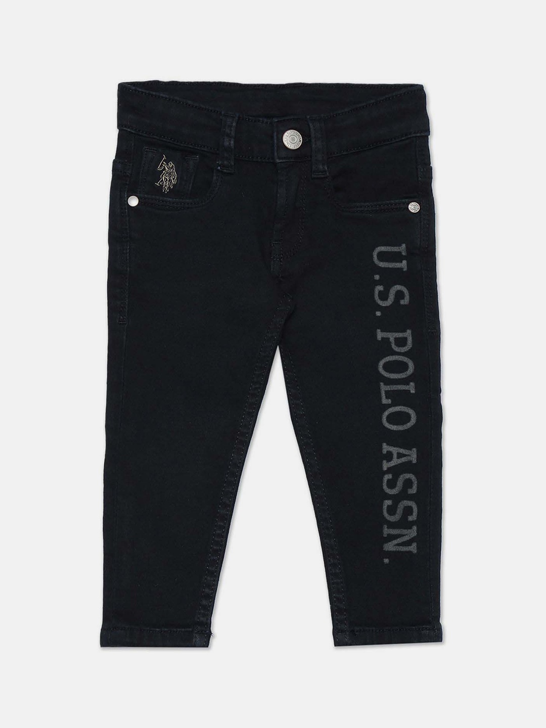 

U.S. Polo Assn. Kids Boys Brand Typography Printed Mid-Rise Slim Fit Jeans, Black