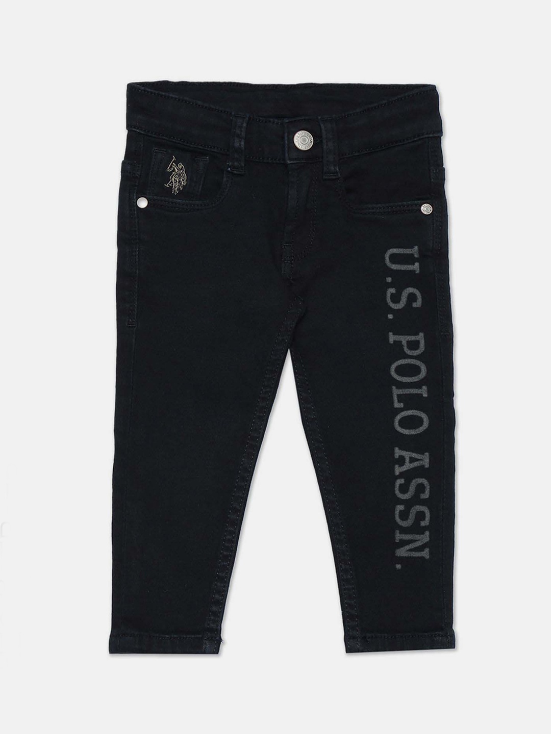 

U.S. Polo Assn. Kids Boys Brand Typography Printed Mid-Rise Slim Fit Jeans, Black