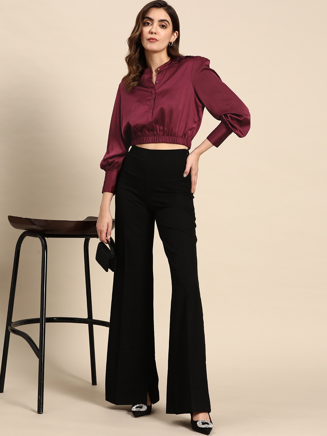 

all about you Mandarin Collar Shirt Style Crop Top, Maroon