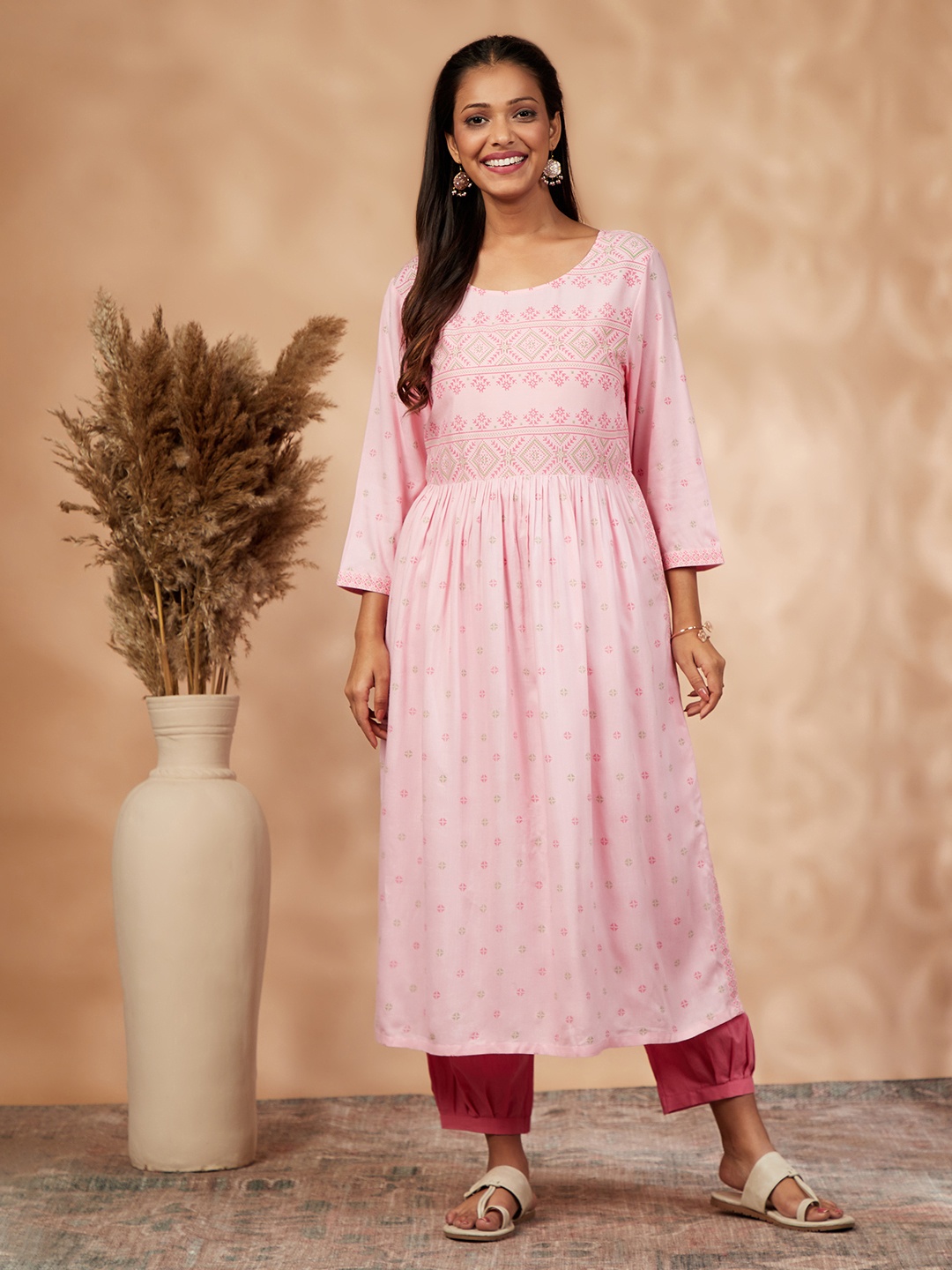 

IMARA Ethnic Motifs Printed Pleated A-Line Kurta, Pink