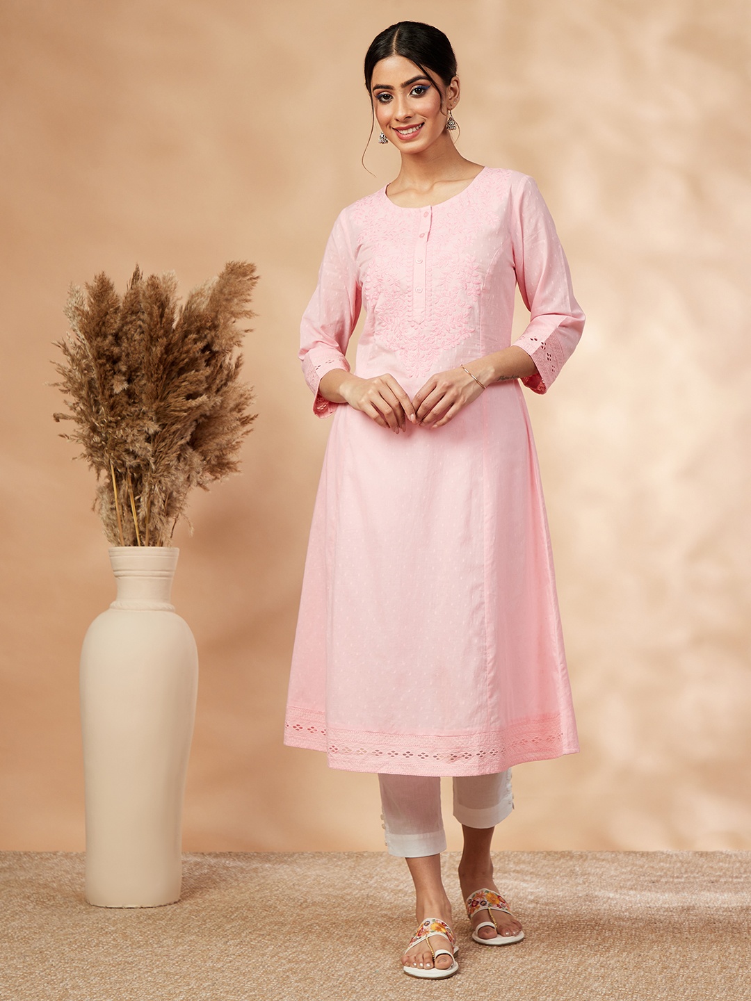 

IMARA Ethnic Motif Embroidered Chikankari Pure Cotton A-Line Kurta, Pink