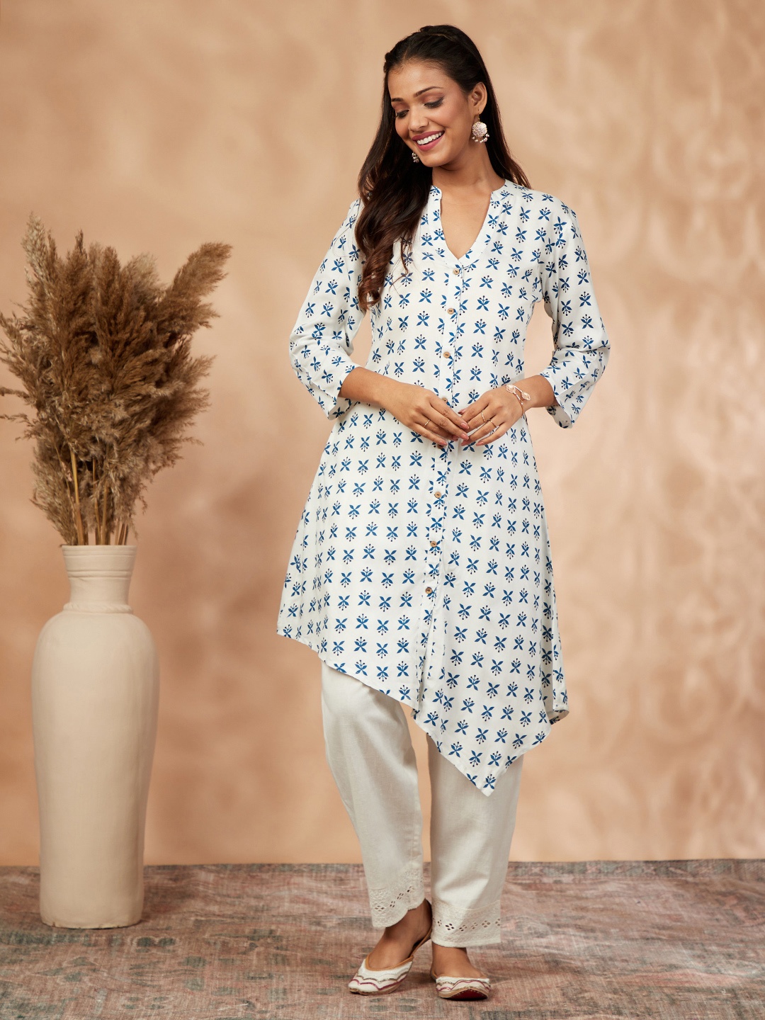 

IMARA Ethnic Motifs Printed Band Collar Asymmetric Pure Cotton Kurta, Off white