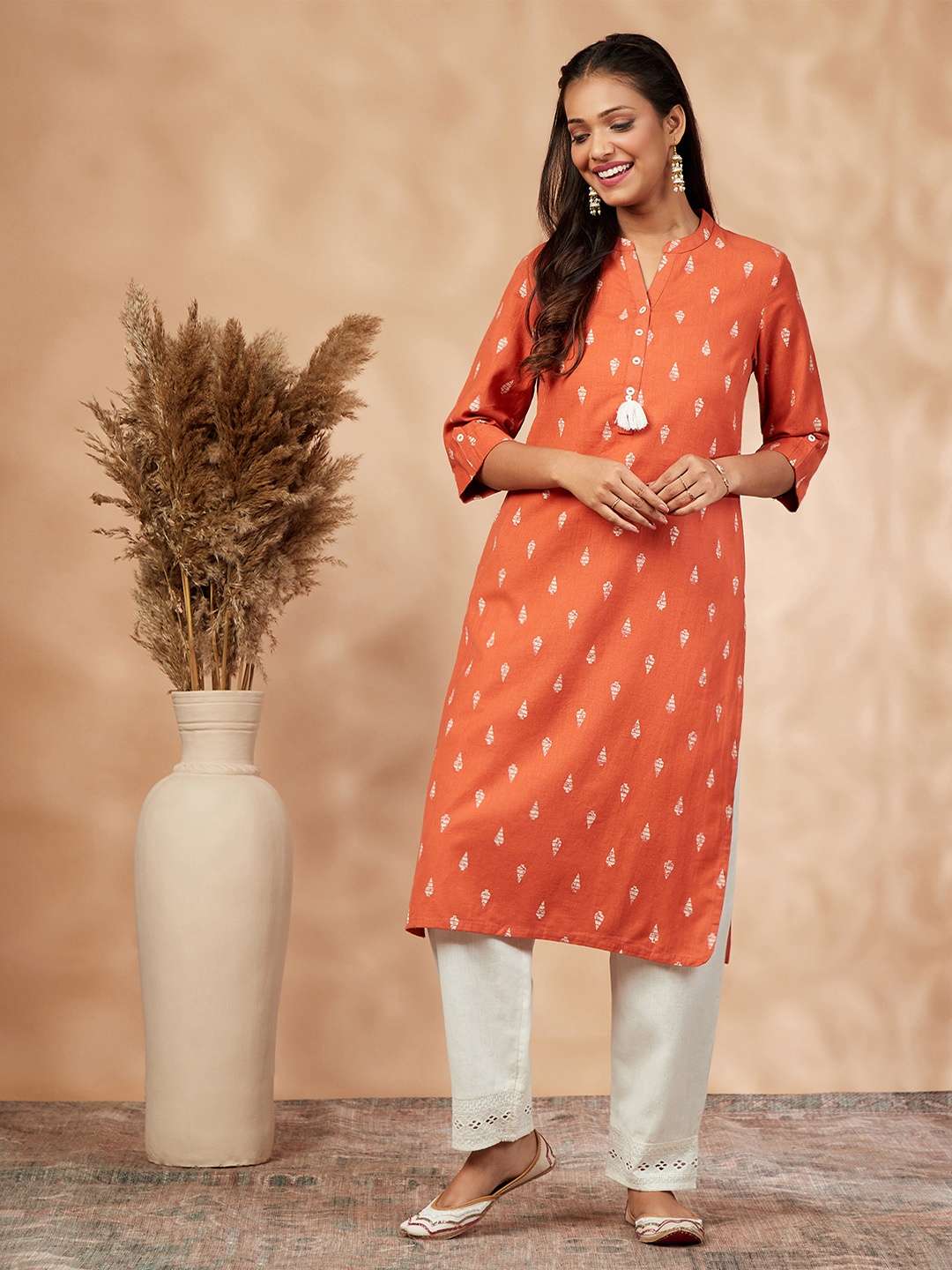 

IMARA Ethnic Motifs Printed Mandarin Collar Cotton Kurta, Orange